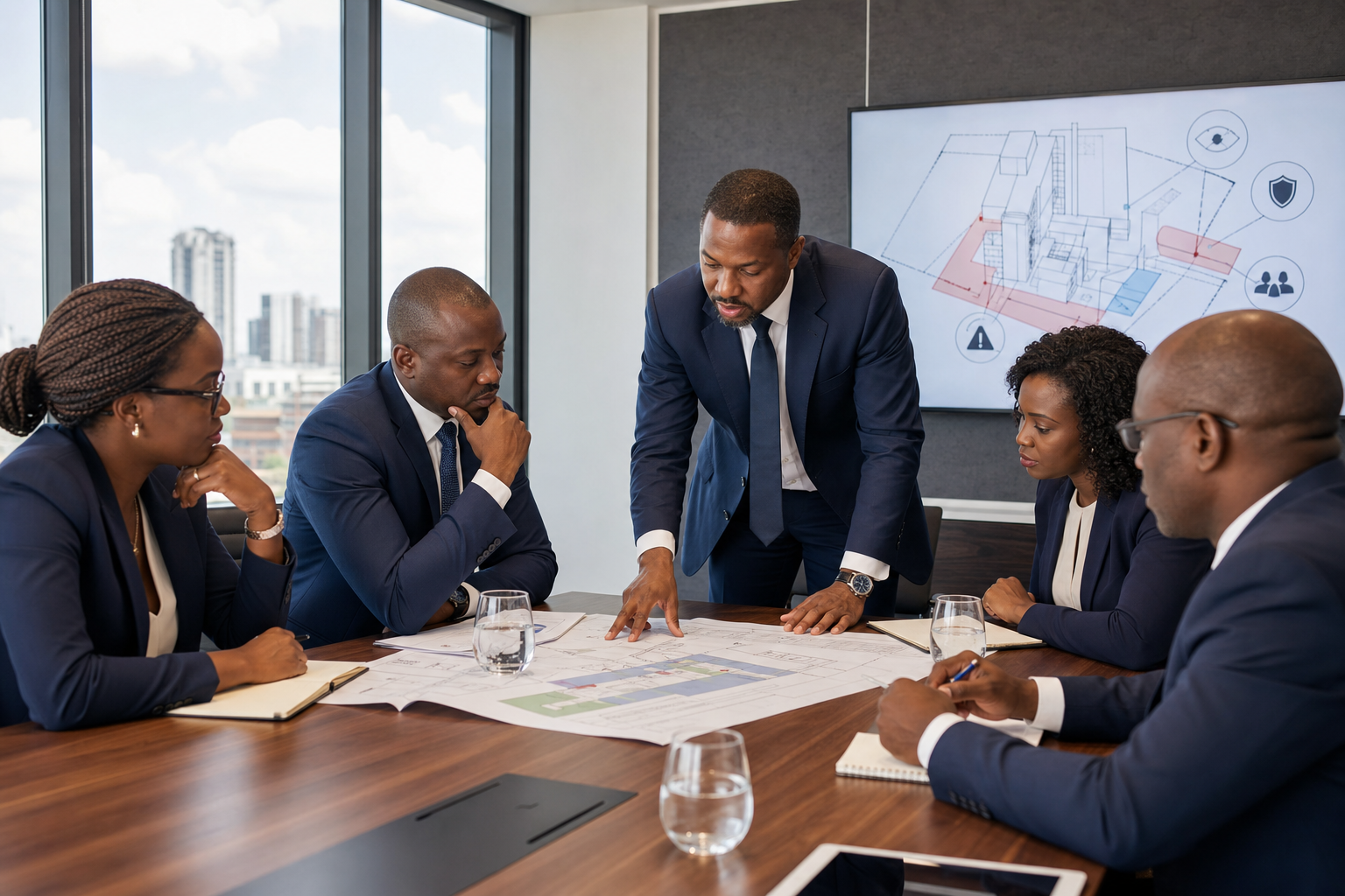 Corporate leaders reviewing a security risk assessment with a consultant