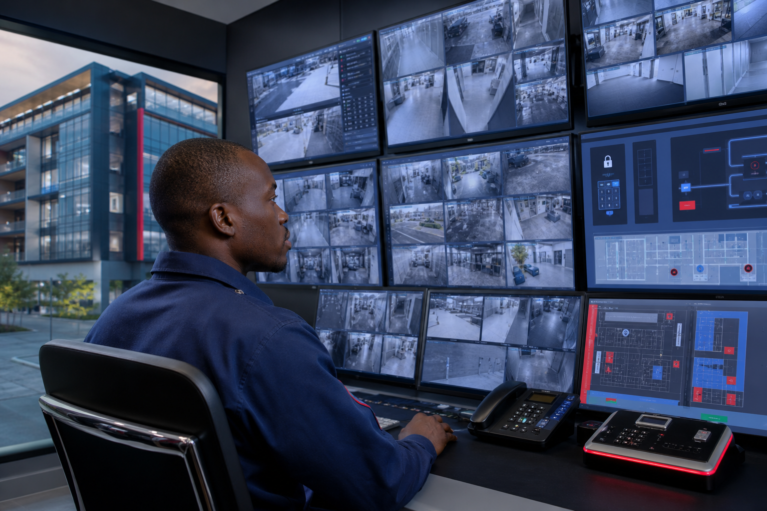 Security professional monitoring CCTV and electronic access systems